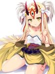  1girl bare_shoulders blonde_hair earrings fate/grand_order fate_(series) horns ibaraki_douji_(fate/grand_order) japanese_clothes jewelry kimono long_hair looking_at_viewer oni pointy_ears sen_(astronomy) sitting solo tattoo yellow_eyes 