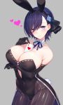  1girl animal_ears bare_shoulders between_breasts black_legwear black_ribbon blue_eyes blue_hair blue_ribbon blush breast_hold breasts bunny_tail bunnysuit card cattleya_(gothic_wa_mahou_otome) cleavage cleavage_cutout collarbone commentary_request covered_navel cowboy_shot detached_collar fake_animal_ears gothic_wa_mahou_otome grey_background hair_ribbon hairband heart inayama large_breasts looking_at_viewer neck_ribbon pantyhose playing_card rabbit_ears ribbon short_hair smile solo striped striped_legwear tail vertical-striped_legwear vertical_stripes 