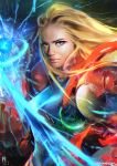  1girl arm_cannon blonde_hair blue_eyes breasts commentary digital_dissolve eyebrows lips long_hair making_of metroid nose powering_up realistic ross_tran samus_aran solo varia_suit weapon zero_suit 