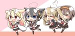  &gt;_&lt; 4girls :o ;o ahoge black_gloves black_hair black_legwear black_ribbon black_serafuku black_skirt blonde_hair blue_eyes blush braid brown_eyes brown_hair chibi closed_eyes commentary fang fingerless_gloves gloves gradient_hair hair_between_eyes hair_flaps hair_ornament hair_over_shoulder hair_ribbon hairband hairclip highres jako_(jakoo21) kantai_collection light_brown_hair long_hair multicolored_hair multiple_girls murasame_(kantai_collection) neckerchief one_eye_closed open_mouth pleated_skirt red_eyes remodel_(kantai_collection) ribbon scarf school_uniform serafuku shigure_(kantai_collection) shiratsuyu_(kantai_collection) short_hair short_sleeves single_braid skirt straight_hair twintails white_scarf yuudachi_(kantai_collection) 