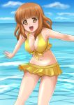  1girl bikini bikini_skirt breasts brown_eyes brown_hair cleavage girls_und_panzer leaning_forward long_hair ocean open_mouth outstretched_arms swimsuit t_k takebe_saori yellow_bikini 