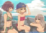  3girls akiyama_yukari backwards_hat baseball_cap bikini bikini_skirt black_hair blue_eyes brown_hair camouflage camouflage_bikini closed_eyes flat_chest girls_und_panzer hand_on_headwear hat itsumi_erika katyusha long_hair monsieur multiple_girls red_bikini short_hair side-tie_bikini strapless swimsuit tubetop water 