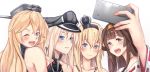  4girls :d ;d bismarck_(kantai_collection) blonde_hair blue_eyes blush brown_hair cellphone commentary_request crown detached_sleeves grey_eyes hairband hat headgear iowa_(kantai_collection) japanese_clothes kantai_collection kongou_(kantai_collection) long_hair mini_crown multiple_girls nontraditional_miko one_eye_closed open_mouth peaked_cap phone self_shot smile star star-shaped_pupils symbol-shaped_pupils untsue warspite_(kantai_collection) 