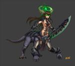  1girl :d absurdres artist_name black_sclera brown_hair centauroid defense_of_the_ancients demon_girl dota_2 glowing glowing_eyes green_eyes highres horns mcrc_science monster_girl open_mouth runes smile sword twintails underlord_(dota) weapon 