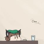  1girl :3 animal_ears animated animated_gif brown_hair cat_ears chen comic cup drinking_glass english fidgeting flat_color hat jewelry lowres mob_cap robin_(unlimited_world) single_earring solo table touhou 