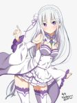  1girl :&lt; bare_shoulders blush braid breasts cleavage commentary_request dated detached_sleeves dress elf emilia_(re:zero) flower frilled_sleeves frills hair_flower hair_ornament hair_ribbon long_hair pointy_ears ragho_no_erika re:zero_kara_hajimeru_isekai_seikatsu ribbon signature silver_hair solo thigh-highs violet_eyes white_dress white_legwear wide_sleeves 