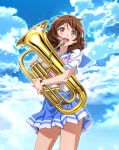  1girl :d blue_skirt blush brown_eyes brown_hair clouds cowboy_shot day euphonium glint hibike!_euphonium holding instrument looking_afar looking_at_viewer nyoronyoro open_mouth oumae_kumiko outdoors pleated_skirt round_teeth school_uniform serafuku shirt short_hair short_sleeves skirt sky smile solo standing tareme teeth thighs watch watch white_shirt 