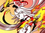  1girl artist_name blurry bow depth_of_field fire from_behind fujiwara_no_mokou hair_bow hair_ribbon highres long_hair looking_at_viewer looking_back overalls pale_skin red_eyes ribbon shirt short_sleeves signature smile solo standing touhou upper_body very_long_hair white_hair zoza 