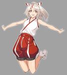  1girl bare_shoulders bent_knees brown_eyes collarbone full_body hachimaki headband high_ponytail japanese_clothes jonylaser kantai_collection outstretched_arms pants parted_lips red_pants silver_hair sleeveless smile socks solo spread_arms white_legwear zuihou_(kantai_collection) 
