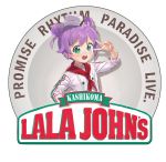  1girl :d ahoge blush bow brand_name_imitation catchphrase chef_hat chef_uniform double_bun employee_uniform fast_food_uniform flat_top_chef_hat green_eyes hat looking_at_viewer manaka_lala open_mouth papa_john&#039;s pripara purple_hair rr_(suisse200) short_hair smile solo tagme twintails uniform upper_body v v_over_eye 