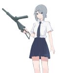  1girl akagawa007 black_necktie blue_eyes eyebrows eyebrows_visible_through_hair grey_hair hair_ornament hairclip highres necktie original school_uniform short_hair short_sleeves simple_background skirt smile solo sten_(weapon) trigger_discipline white_background 