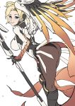  1girl ass blonde_hair blue_eyes bodysuit breasts gloves headgear large_breasts leaf98k looking_at_viewer mechanical_halo mechanical_wings mercy_(overwatch) overwatch pantyhose smile solo staff white_background wings 