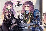  3girls beads biker_clothes bikesuit blue_hair brown_hair detached_sleeves forbidden_scrollery gradient_hair ground_vehicle hair_tubes hakurei_reimu hijiri_byakuren jewelry kumoi_ichirin long_hair motor_vehicle motorcycle multicolored_hair multiple_girls necklace occult_ball piyokichi prayer_beads ribbon sword tagme touhou turbo_byakuren urban_legend_in_limbo weapon wide_sleeves wooden_sword 