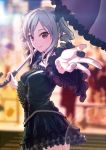  1girl cowboy_shot drill_hair gothic_lolita idolmaster idolmaster_cinderella_girls kanzaki_ranko lens_flare lolita_fashion long_hair looking_at_viewer outstretched_arm parasol red_eyes silver_hair smile solo twin_drills twintails umbrella zha_tu 