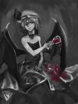  1girl alcohol alternate_costume asuzemu bangs bare_shoulders bat_wings choker cup dress drinking_glass greyscale hand_on_lap hat hat_ribbon looking_to_the_side mob_cap monochrome parted_lips reflective_eyes remilia_scarlet ribbon shiny shiny_hair short_hair side_glance solo spilling spot_color stained_clothes strapless strapless_dress touhou wine wine_glass wings 