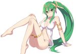  1girl arm_support armlet artemis_(p&amp;d) ass barefoot blush breasts commentary_request green_eyes green_hair hair_ornament jewelry large_breasts legs_up long_hair looking_at_viewer navel ponytail puzzle_&amp;_dragons simple_background sitting smile solo swimsuit thigh_strap very_long_hair wada_masanori white_background 