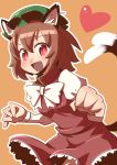  1girl animal_ears blush brown_hair cat_ears cat_tail chen dress earrings hat heart jewelry juliet_sleeves long_sleeves maru_rx mob_cap multiple_tails open_mouth puffy_sleeves red_dress red_eyes tail touhou two_tails 