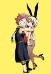  1boy 1girl animal_ears blonde_hair breasts bunny_tail bunnysuit cheek-to-cheek cleavage detached_collar fairy_tail high_heels hug looking_at_viewer lucy_heartfilia mashima_hiro natsu_dragneel official_art pantyhose pink_hair rabbit_ears sandals scarf sideboob simple_background sleeveless smile spiky_hair sweatdrop tail tattoo yellow_background 