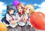  3girls absurdres balloon blonde_hair braid clouds cloudy_sky crown_braid guilty_kiss_(love_live!) hair_bun hair_ornament highres long_hair looking_at_viewer love_live! love_live!_sunshine!! microphone multiple_girls ohara_mari red_eyes redhead sakurauchi_riko school_uniform serafuku sky smile tsushima_yoshiko xinshijie_de_akalin yellow_eyes 