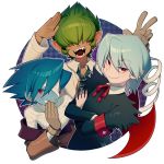  3boys aqua_hair armband ash_(pop&#039;n_music) bandage_over_one_eye bandages blue_hair blue_skin brown_gloves bunny_ears_gesture circle coat covering_mouth crossed_arms dark_skin dress_shirt earrings fang gloves green_hair hair_over_eyes hand_over_own_mouth jewelry kiri_futoshi laughing looking_at_viewer loose_necktie male_focus multiple_boys necktie off_shoulder open_clothes open_shirt pop&#039;n_music red_eyes salute sharp_teeth shirt smile_(pop&#039;n_music) teeth vampire werewolf wings yuli_(pop&#039;n_music) 