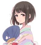  1girl fan hibike!_euphonium japanese_clothes kimono mole mole_under_eye monsieur nakaseko_kaori paper_fan short_hair uchiwa yukata 