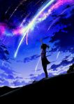  1girl hair_ribbon highres kimi_no_na_wa miyamizu_mitsuha night night_sky reaching ribbon school_uniform sky sogawa66 star_(sky) 