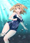  1girl breasts bubble hairband highres i-26_(kantai_collection) kantai_collection light_brown_eyes light_brown_hair lips long_hair looking_at_viewer name_tag new_school_swimsuit ocean open_mouth sailor_collar school_swimsuit smile solo sunlight swimsuit two_side_up underwater water 