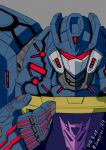  1boy decepticon glowing glowing_eyes insignia kamizono_(spookyhouse) looking_at_viewer machine machinery mecha no_humans red_eyes redesign robot science_fiction solo soundwave transformers twitter_username 