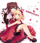  2girls artist_request blonde_hair blush braid breasts brown_hair dress earrings elbow_gloves gloves high_heels highres ichinose_shiki idolmaster idolmaster_cinderella_girls idolmaster_cinderella_girls_starlight_stage jewelry long_hair looking_at_viewer multiple_girls open_mouth petals red_dress sakurai_momoka short_hair smile two_side_up white_gloves 