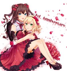  2girls artist_request blonde_hair blush braid breasts brown_hair dress earrings elbow_gloves gloves high_heels highres ichinose_shiki idolmaster idolmaster_cinderella_girls idolmaster_cinderella_girls_starlight_stage jewelry long_hair looking_at_viewer multiple_girls open_mouth petals red_dress sakurai_momoka short_hair smile two_side_up white_gloves 