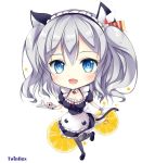  1girl animal_ears apron black_dress black_legwear blue_eyes blush cat_ears cat_tail chibi commentary_request cup dress fang frills kantai_collection kashima_(kantai_collection) kemonomimi_mode long_hair looking_at_viewer maid maid_apron maid_headdress open_mouth pantyhose puffy_short_sleeves puffy_sleeves sandwich short_sleeves silver_hair smile solo sousouman tail teacup tray tsurime twintails wavy_hair wrist_cuffs 