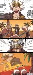  4koma alolan_exeggutor blood chain_necklace comic exeggutor flying_teardrops guzuma_(pokemon) hand_in_pocket highres hood hoodie korean partially_translated pokemon pokemon_(game) pokemon_sm projected_inset ssalbulre sunglasses sunset team_skull team_skull_grunt thumbs_up translation_request white_hair 