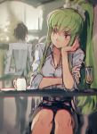  1girl back black_hair breasts c.c. chin_rest cleavage code_geass creayus cup drinking_glass drinking_straw green_hair high_ponytail lelouch_lamperouge long_hair pencil_skirt sitting sketch skirt smile yellow_eyes 