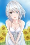  1girl :d anastasia_(idolmaster) blue_eyes blush breasts cleavage dress flower idolmaster idolmaster_cinderella_girls leaning_forward looking_at_viewer nannacy7 open_mouth revision short_hair silver_hair smile solo sundress sunflower white_dress 
