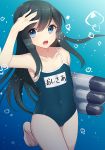  1girl alternate_costume asashio_(jmsdf) asashio_(kantai_collection) bare_arms bare_shoulders barefoot black_hair blue_background blue_eyes bubble collarbone commentary_request competition_school_swimsuit covered_navel gradient gradient_background heavens_sparrow kantai_collection long_hair looking_at_viewer name_tag ocean open_mouth round_teeth salute school_swimsuit solo swimsuit teeth torpedo underwater 