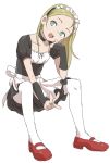  1girl absurdres black_gloves blonde_hair blue_eyes choker collarbone gloves highres knees_up long_hair maid maid_headdress mary_janes open_mouth original shoes simple_background sitting solo teeth w white_background white_legwear yamamoto_souichirou 