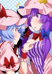  2girls blue_hair bow breasts chestnut_mouth cleavage commentary_request eichi_yuu hair_bow hair_ribbon hat highres long_hair mob_cap multiple_girls parted_lips patchouli_knowledge purple_hair red_eyes remilia_scarlet ribbon short_hair touhou violet_eyes wrist_cuffs 