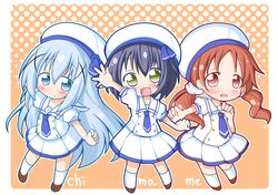  3girls beret blue_eyes blue_hair chimame-tai com_(chocolate_blossom) gochuumon_wa_usagi_desu_ka? group_name hair_ornament hairclip hat jouga_maya kafuu_chino long_hair multiple_girls natsu_megumi red_eyes redhead school_uniform smile twintails white_hat 