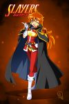  1girl boots cape copyright_name drachea_rannak elbow_gloves full_body gloves hand_on_hip headband lina_inverse one_eye_closed open_mouth orange_hair red_eyes slayers smile solo watermark white_boots white_gloves 