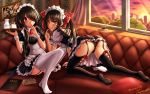  2girls all_fours black_hair black_legwear black_panties bow bowtie clock_eyes date_a_live dress dual_persona finger_to_mouth frilled_dress frilled_legwear frills garter_straps hair_bow hair_over_one_eye hair_over_shoulder heterochromia highres indoors long_hair looking_at_viewer maid maid_headdress multiple_girls open-back_dress panties red_bow red_eyes sunset symbol-shaped_pupils thigh-highs tokisaki_kurumi tsubasaki twintails underwear white_apron white_legwear window wristband yellow_eyes 