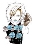  1boy aqua_eyes aqua_lipstick aqua_rose blonde_hair brown_gloves doctor_ferdinand flower gloves hikitsu_juusou jewelry jojo_no_kimyou_na_bouken lipstick makeup male_focus rose signature solo steel_ball_run upper_body 