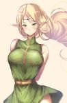  1girl arms_behind_back bare_shoulders belt blonde_hair breasts circlet deedlit green_eyes highres long_hair looking_at_viewer medium_breasts pointy_ears record_of_lodoss_war simple_background smile solo untsue yellow_background 