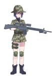  1girl akagawa007 battle_rifle black_hair boots camouflage full_body gloves green_gloves gun h&amp;k_g3 highres knee_pads military military_uniform original red_eyes rifle safari_hat scope short_hair short_sleeves simple_background sniper_rifle solo standing thigh_strap trigger_discipline turtleneck uniform weapon weapon_request white_background 