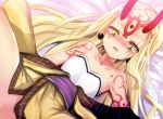  1girl bare_shoulders blonde_hair earrings fate/grand_order fate_(series) horns ibaraki_douji_(fate/grand_order) japanese_clothes jewelry kimono long_hair lying on_back oni open_mouth pointy_ears sen_(astronomy) solo sweat tattoo yellow_eyes 