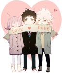  1girl 2boys closed_eyes coat dangan_ronpa flipped_hair hair_ornament hinata_hajime komaeda_nagito multiple_boys nanami_chiaki scarf shared_scarf shell_(shell518) short_hair super_dangan_ronpa_2 