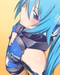 1girl armor bangs bare_shoulders blue_eyes blue_hair blush covered_nipples elbow_gloves flat_chest from_above from_side gloves hair_between_eyes leotard long_hair looking_at_viewer looking_to_the_side ore_twintail_ni_narimasu simple_background solo tail_blue tsube_aika twintails very_long_hair yellow_background yuto_(dialique)