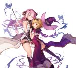  2girls bare_shoulders black_gloves black_legwear blonde_hair blue_eyes breasts butterfly closed_mouth djeeta_(granblue_fantasy) doraf dress fingerless_gloves gloves granblue_fantasy hair_ornament hair_over_one_eye hairband hat hat_removed headwear_removed holding holding_sword holding_weapon horns large_breasts long_hair low-tied_long_hair multiple_girls narumeia_(granblue_fantasy) natsumoka pink_hair pointy_ears sailor_collar short_dress short_sleeves simple_background sword thigh-highs thigh_strap warlock_(granblue_fantasy) weapon white_background white_gloves wizard_hat yellow_eyes zettai_ryouiki 