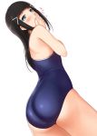  1girl ass black_hair blue_eyes blush competition_school_swimsuit covering_mouth from_side hair_ornament hairclip highres kurosawa_dia long_hair love_live! love_live!_sunshine!! mole mole_under_mouth nozomi-y one-piece_swimsuit school_swimsuit sidelocks solo swimsuit 