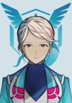  1girl androgynous articuno bangs blanche_(pokemon) blue_background brown_eyes closed_mouth coat dark_skin emuruka expressionless long_hair looking_at_viewer open_clothes open_coat pokemon pokemon_(game) pokemon_go ponytail reverse_trap solo swept_bangs team_mystic turtleneck upper_body white_hair 