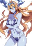  1girl ass_visible_through_thighs bikini blonde_hair blue_eyes blue_skin blush breast_hold breasts cowboy_shot crossed_arms demon_girl floating_hair hera-is_(p&amp;d) hera_(p&amp;d) highres horns large_breasts long_hair looking_at_viewer navel pointy_ears puzzle_&amp;_dragons solo swimsuit wada_masanori 